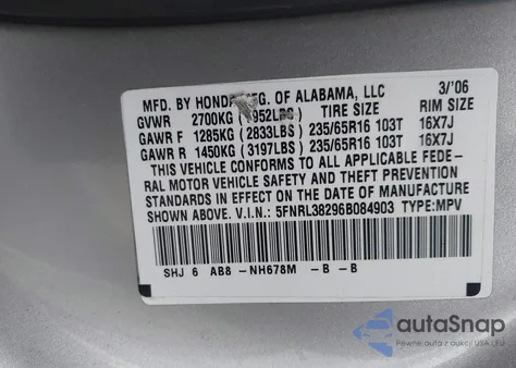 2006 Honda Odyssey Lx z USA, uszkodzony, nr VIN 5FNRL38296B084903